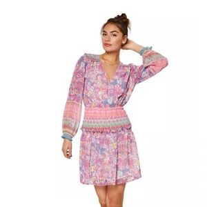 Current Air Pink Smocked Waist‎ Ruffle Chiffon Long Sleeve Short Dress Medium